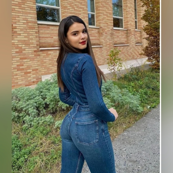 Zara Blue Denim Zippered Seamed Square Neck Long Sleeve Jumpsuit Size Large - Picture 6 of 14